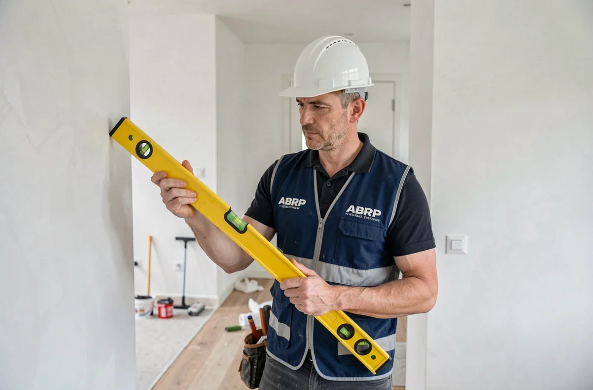 Artisan ABRP inspectant des murs fraîchement plâtrés dans un appartement rénové des Yvelines