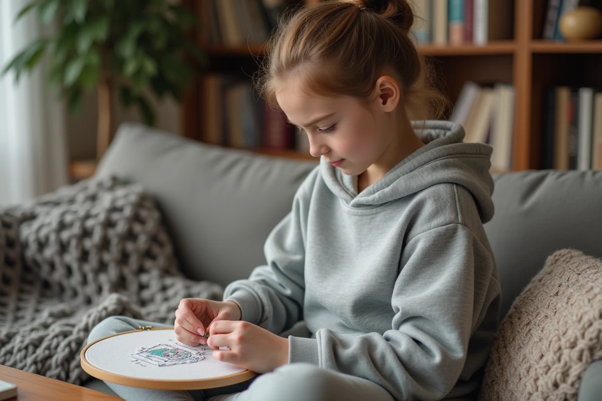Adolescente assise sur un canapé apprenant la broderie avec un tambour et un kit débutant clé en main