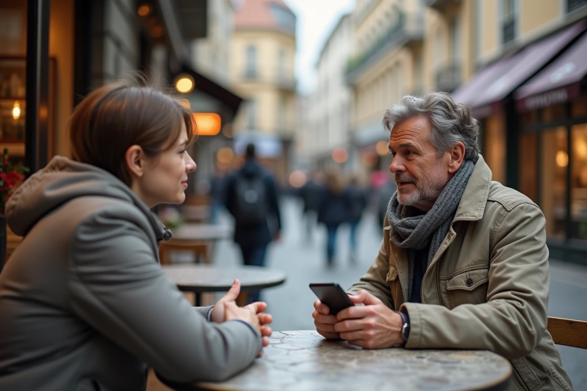 Agent immobilier presentant un bien a un couple en plein air