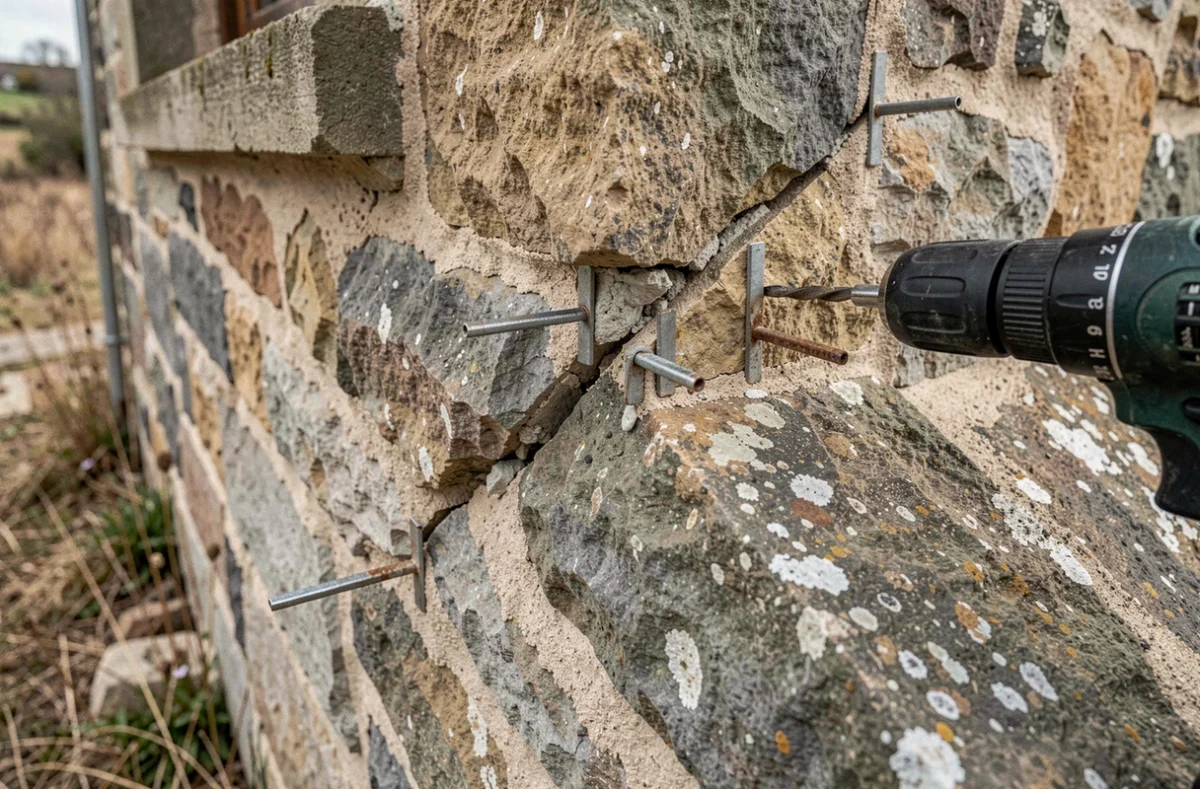 Gros plan sur des agrafes métalliques installées à travers une lézarde diagonale sur un mur en pierre extérieur en cours de réparation