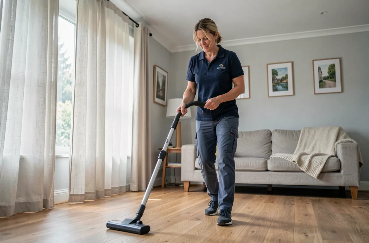 Aide à domicile passant l'aspirateur dans un salon d'une maison des Yvelines
