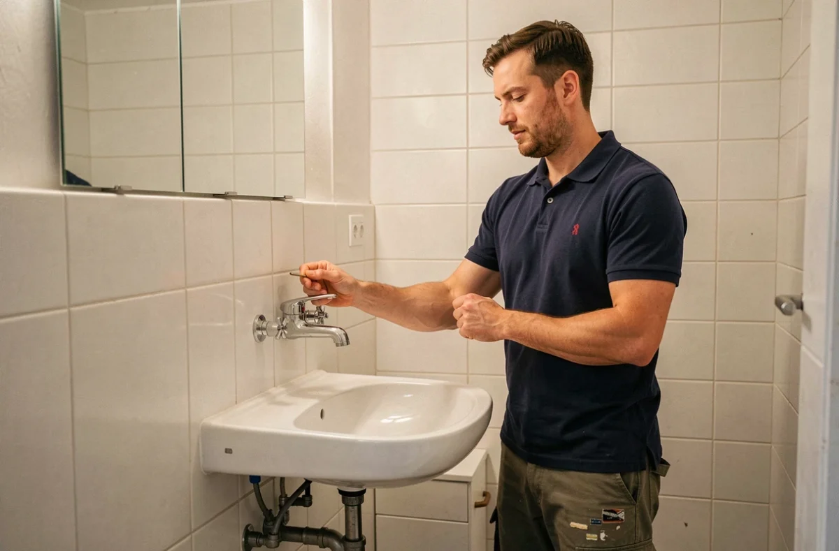 Artisan plombier d'Allo Alex Plombier Chauffagiste vérifiant l'installation d'un robinet dans une salle de bain à Calais