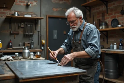 Artisan appliquant une patine chimique sur une feuille de zinc brut dans un atelier de métallurgie
