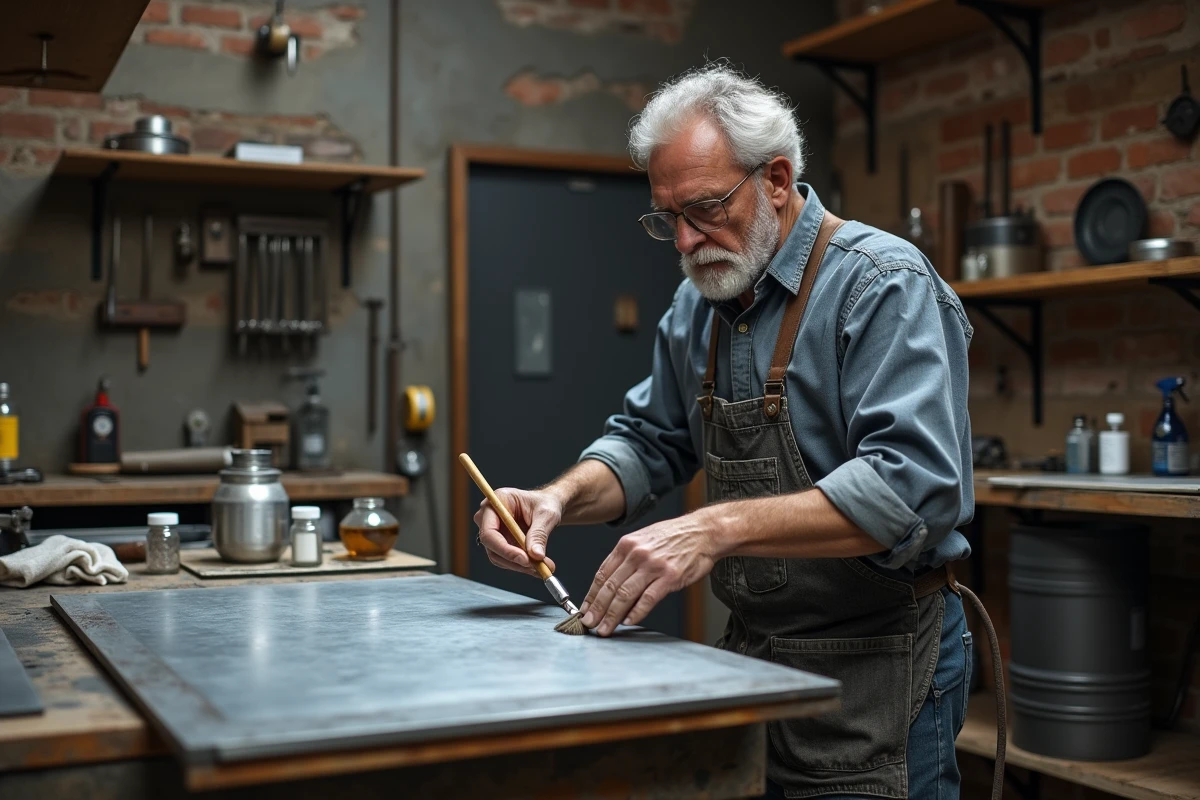 Artisan appliquant une patine chimique sur une feuille de zinc brut dans un atelier de métallurgie