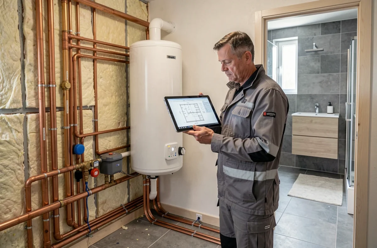 Technicien d'Aqua Chauff Energy vérifiant l'installation d'un chauffe-eau et d'un plancher chauffant dans une maison du Pas-de-Calais
