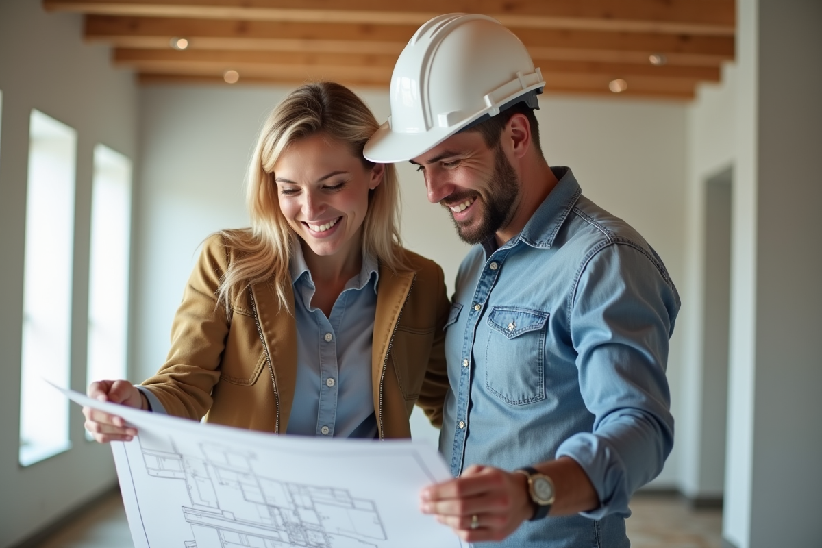 Architecte et couple examinant des plans de maison extension