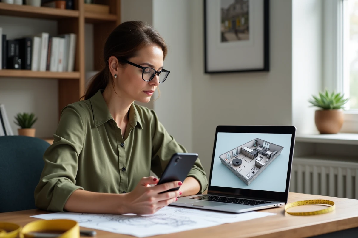 Femme architecte d'intérieur utilisant un smartphone et un ordinateur pour concevoir des plans dans un bureau à domicile