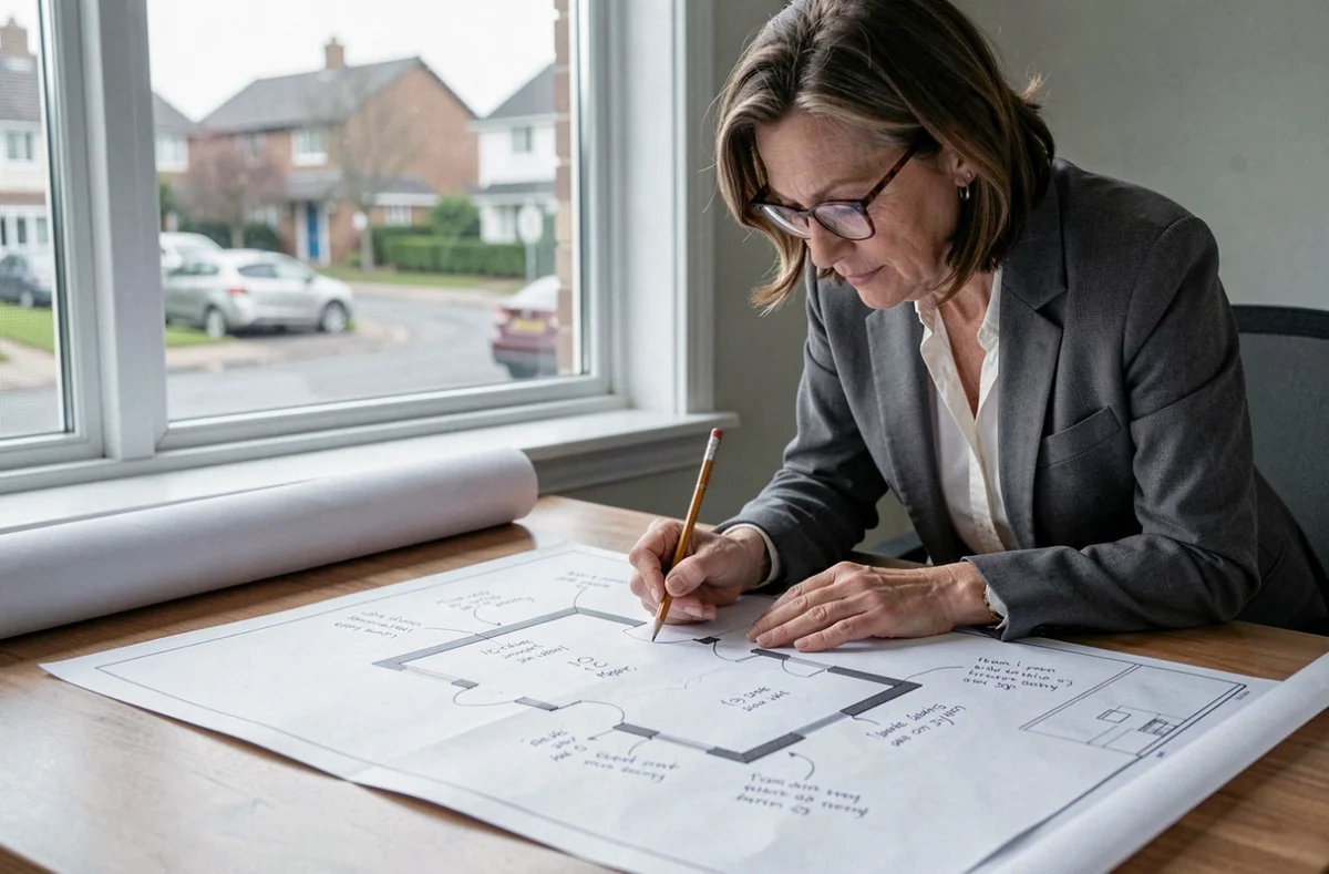 Architecte étudiant un plan de maison plain pied de 100m2 à son bureau avec annotations sur la luminosité et l'intimité des pièces
