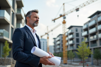 Architecte homme en costume bleu sur site urbain moderne