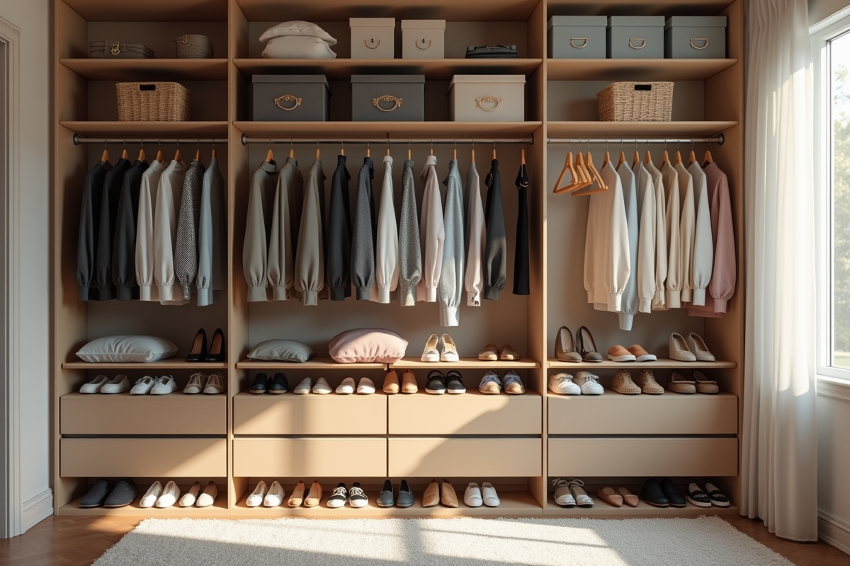 Armoire moderne bien organisee avec rangement et vetements