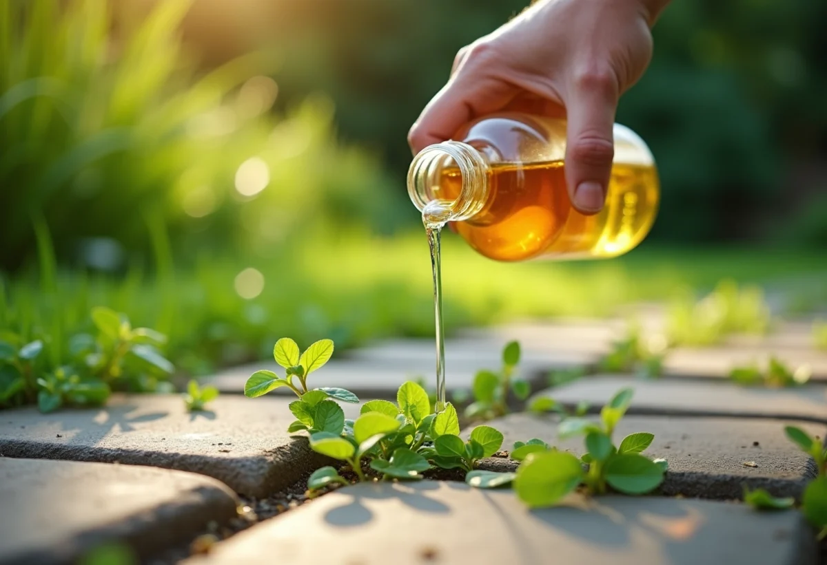 Personne dehors versant du vinaigre sur des mauvaises herbes entre pavés