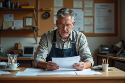Artisan homme vérifiant des documents dans son bureau organisé