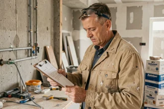 Artisan examinant un devis travaux sur un chantier de rénovation de cuisine avec des murs en plâtre brut et des outils éparpillés