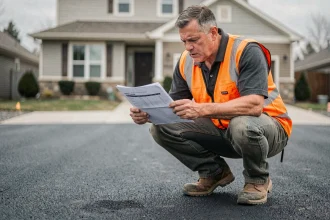 Artisan en gilet de sécurité examinant un devis d'enrobé asfaltique accroupi sur un chantier de voirie résidentiel