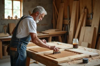 Artisan appliquant une lasure sur un volet en bois fait maison dans un atelier de menuiserie