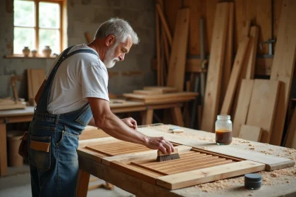 Artisan appliquant une lasure sur un volet en bois fait maison dans un atelier de menuiserie