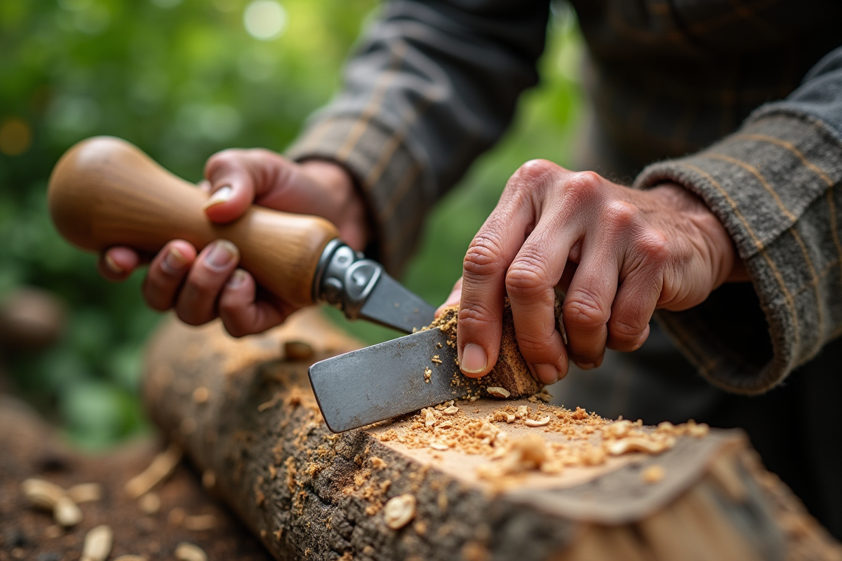 Mains d artisan utilisant un ciseau sur un bois brut