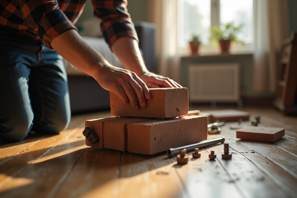 Personne assemble un chauffage DIY avec des briques et tuyaux dans un salon bien éclairé