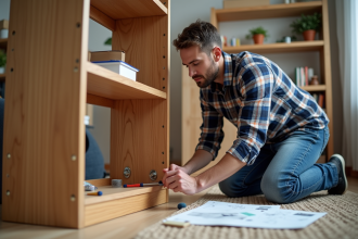 Homme d'âge moyen assemble une étagère en bois dans un salon