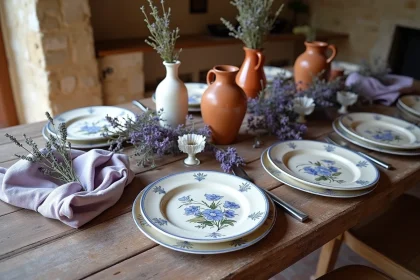 Table provençale dressée avec des assiettes en faïence de Moustiers à motifs floraux bleus, nappes en lin lavande et brins de lavande séchée sur bois de chêne ancien