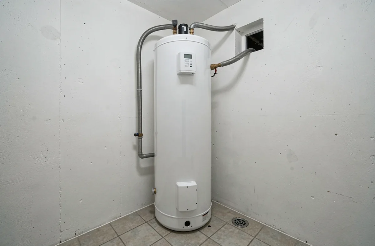 Ballon thermodynamique installé dans une buanderie avec raccordements visibles et tableau de commande