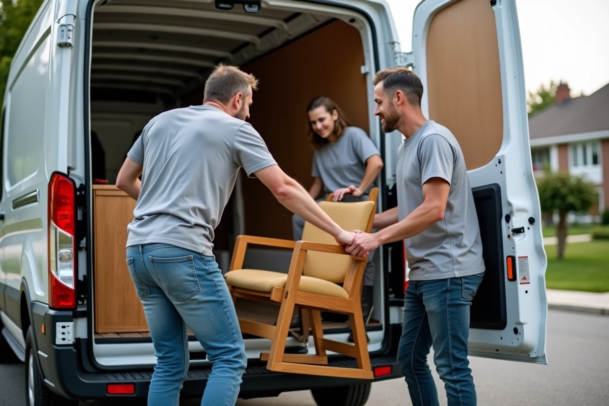 Trois bénévoles chargeant des meubles dans une camionnette dans un quartier