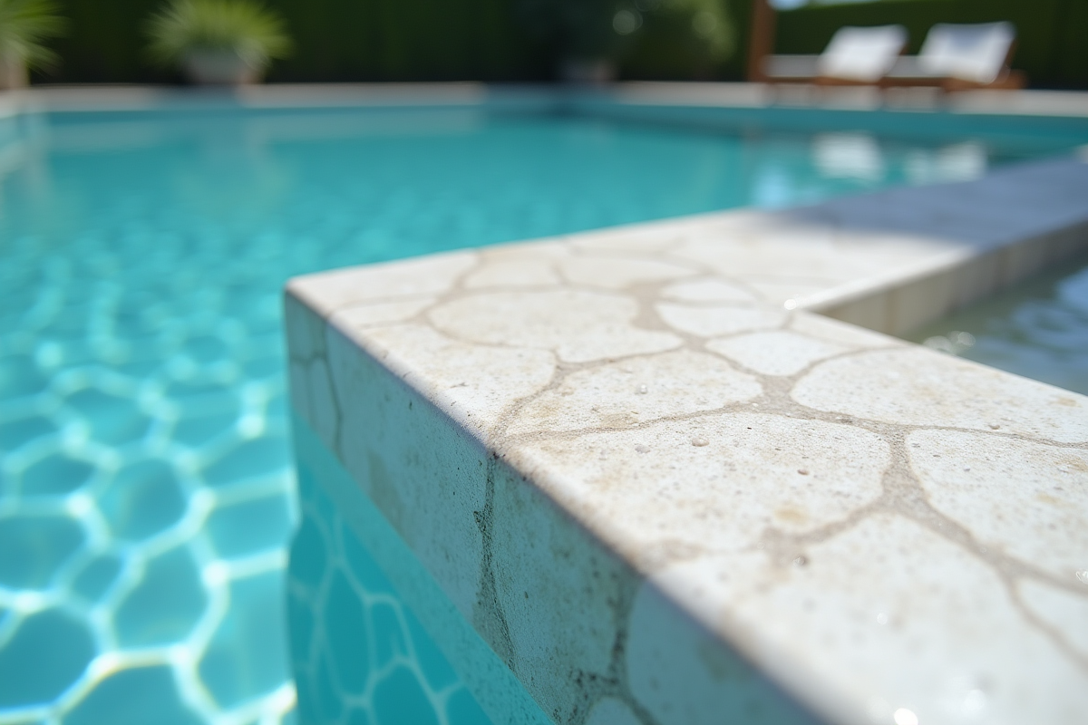 Bord de piscine moderne avec margelle en pierre brillante