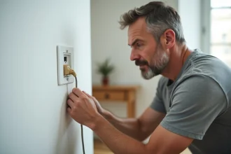 Homme branchant un câble téléphonique RJ11 sur une prise ADSL murale dans un couloir de maison moderne