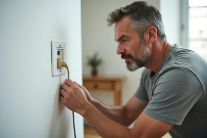 Homme branchant un câble téléphonique RJ11 sur une prise ADSL murale dans un couloir de maison moderne