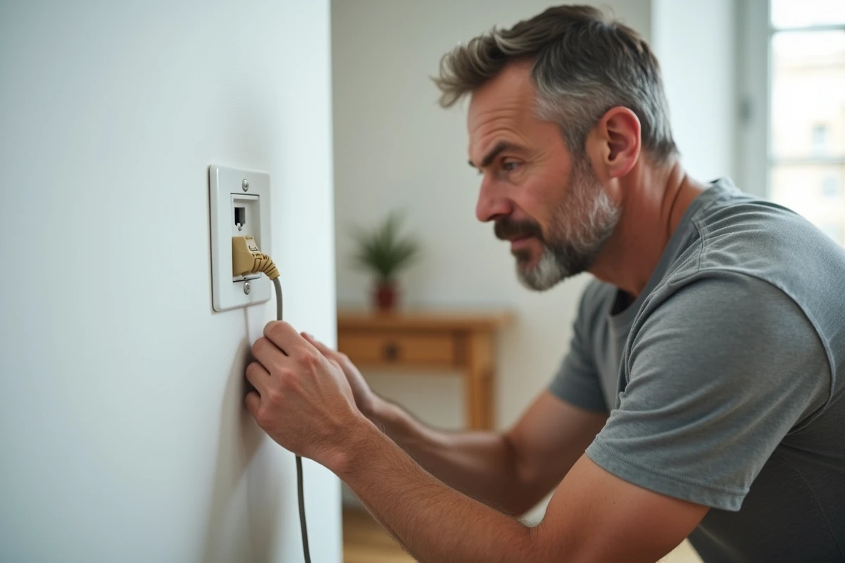 Homme branchant un câble téléphonique RJ11 sur une prise ADSL murale dans un couloir de maison moderne