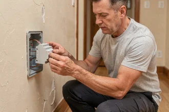Électricien amateur branchant un domino électrique sur une boîte de dérivation murale