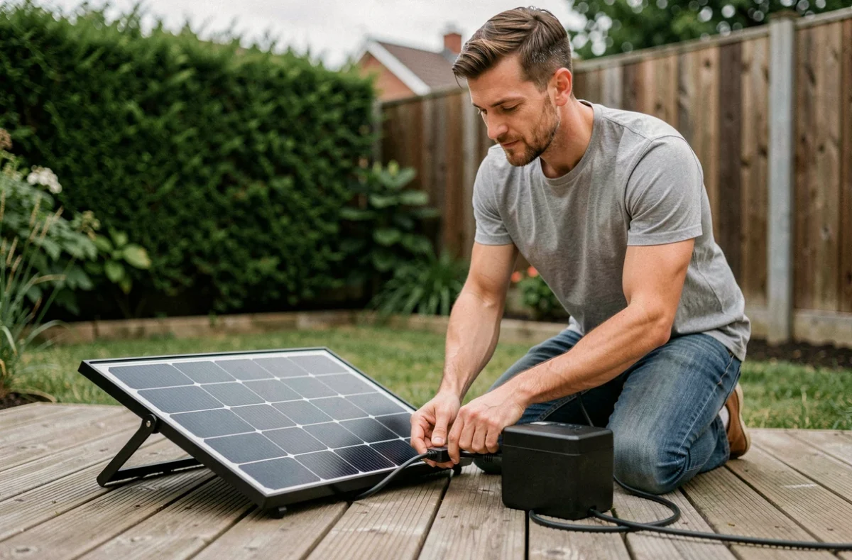 Homme branchant un câble de panneau solaire sur une batterie de kit solaire plug and play sur une terrasse