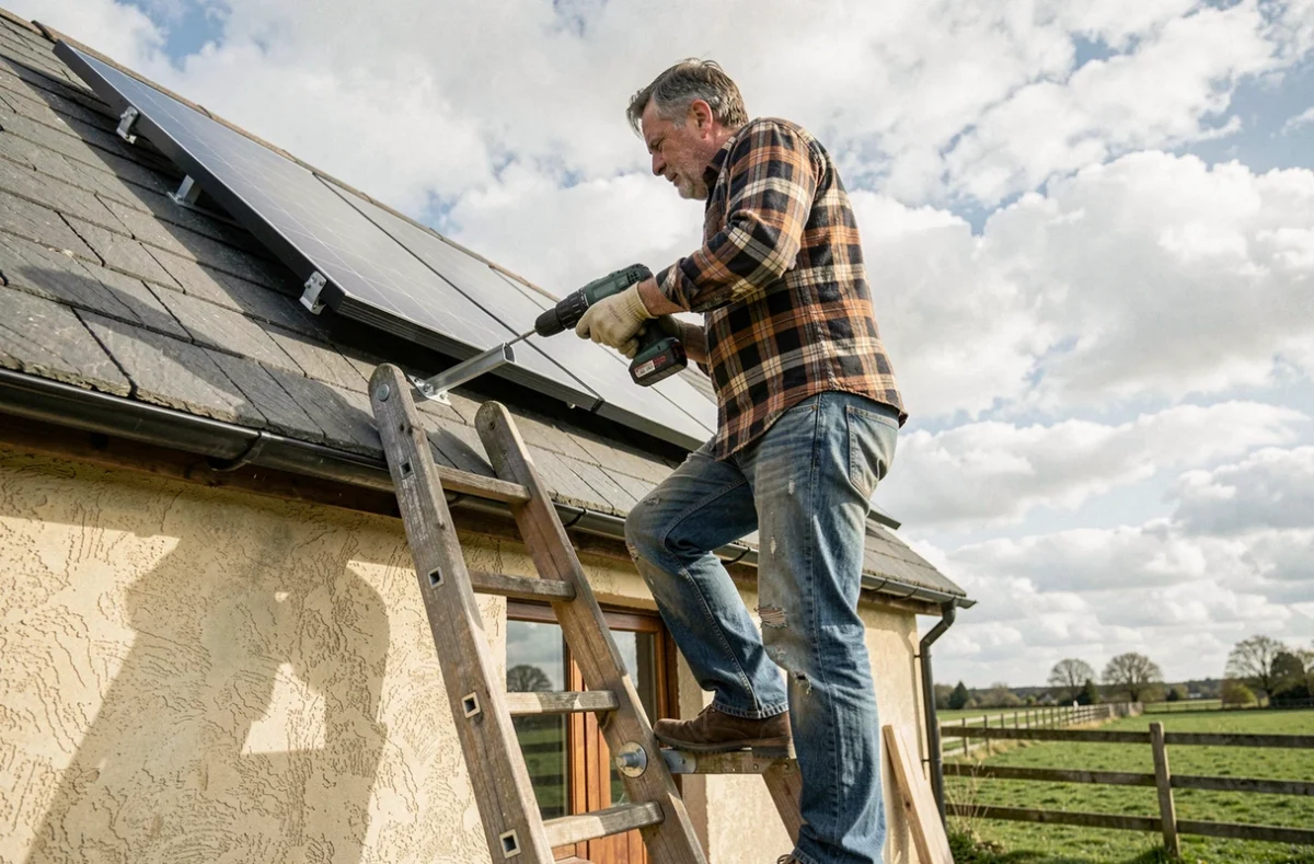 Homme bricoleur fixant un rail de montage pour panneau solaire sur une maison de campagne depuis une échelle