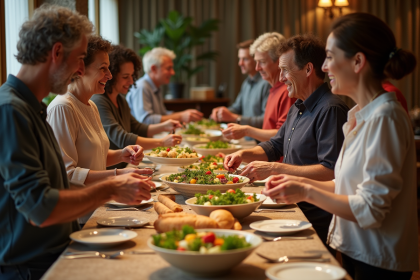 Groupe d'adultes autour d'un buffet convivial en int&eacute;rieur