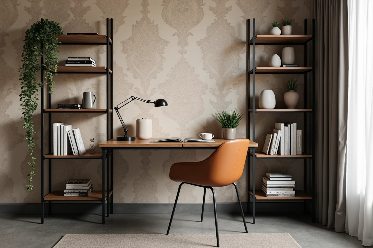 Bureau à domicile avec papier peint damassé beige et mobilier espresso sombre en appartement urbain
