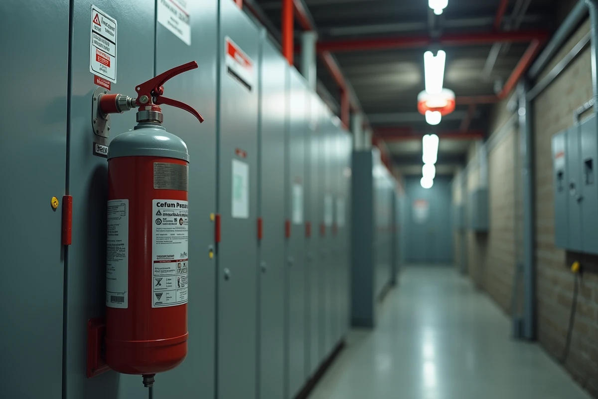 Gros plan sur une buse d'extinction automatique électrique installée dans un local technique haute tension