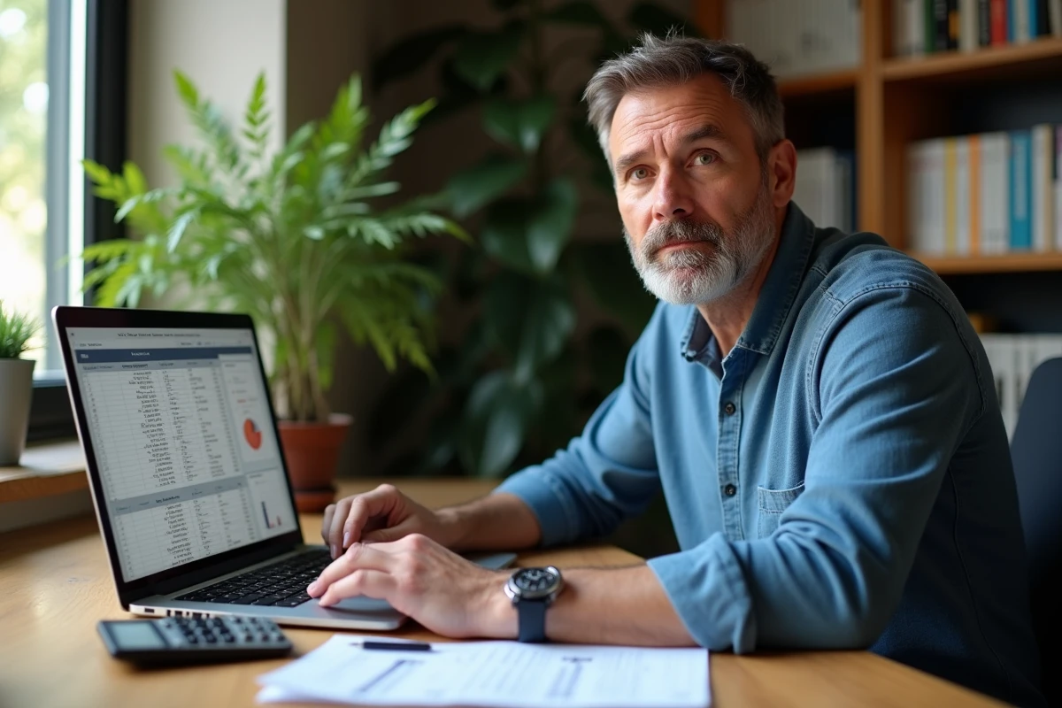 Homme utilisant un tableur sur ordinateur portable pour calculer et convertir automatiquement des mètres cubes en litres depuis son bureau à domicile