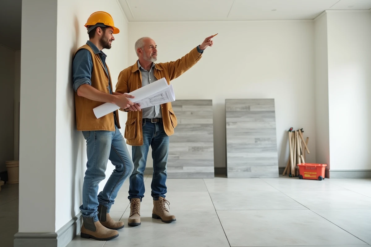 Deux professionnels du bâtiment discutant du calcul d'épaisseur de chape pour la pose de grands carreaux dans un appartement en rénovation
