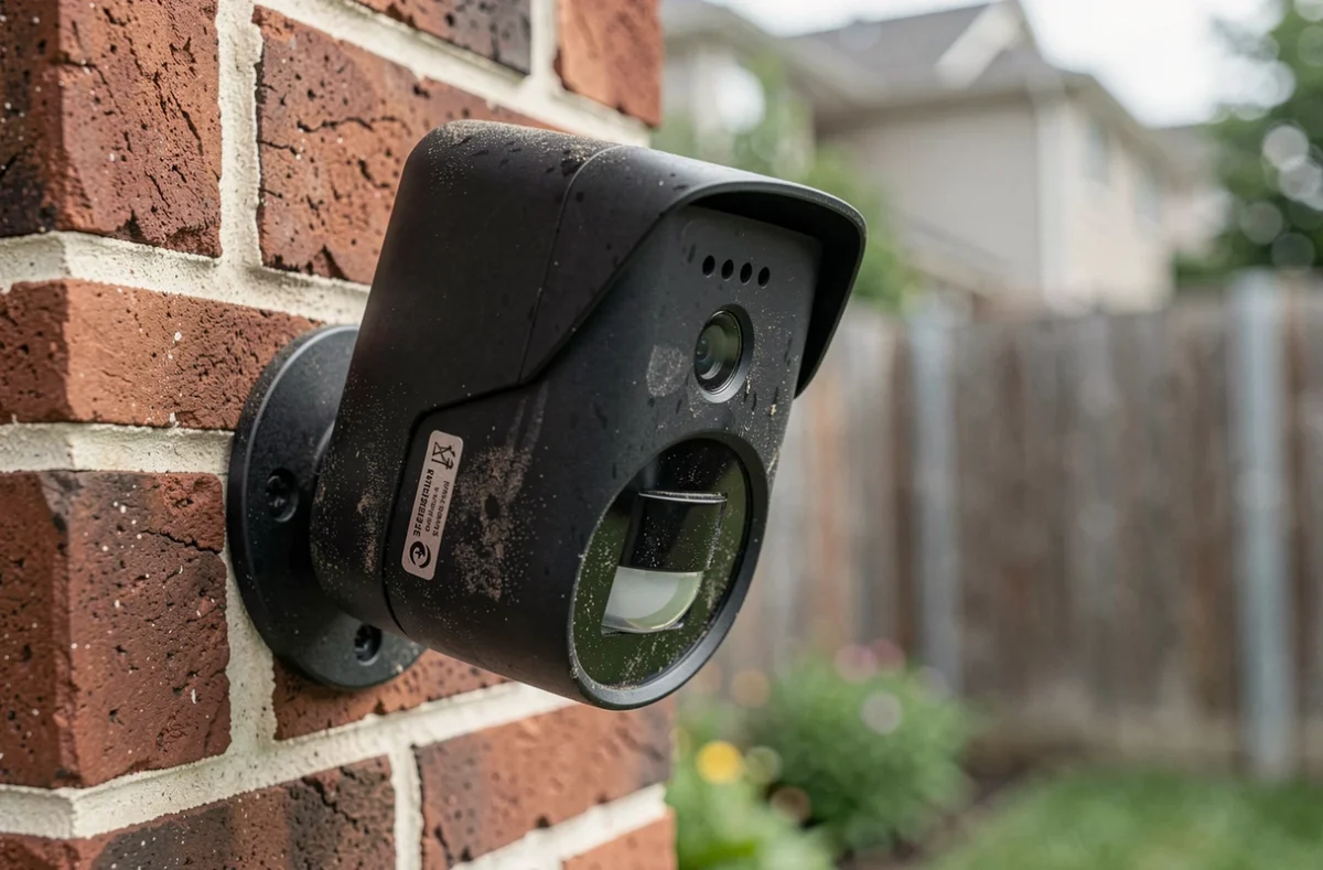 Caméra et détecteur de mouvement sans fil installés sur un mur extérieur en brique, système d'alarme alternatif à Verisure