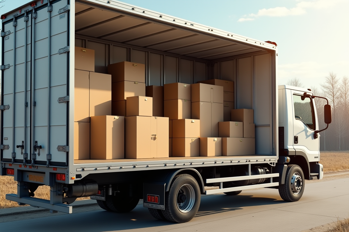 Camion de déménagement ouvert avec meubles et cartons à l'intérieur