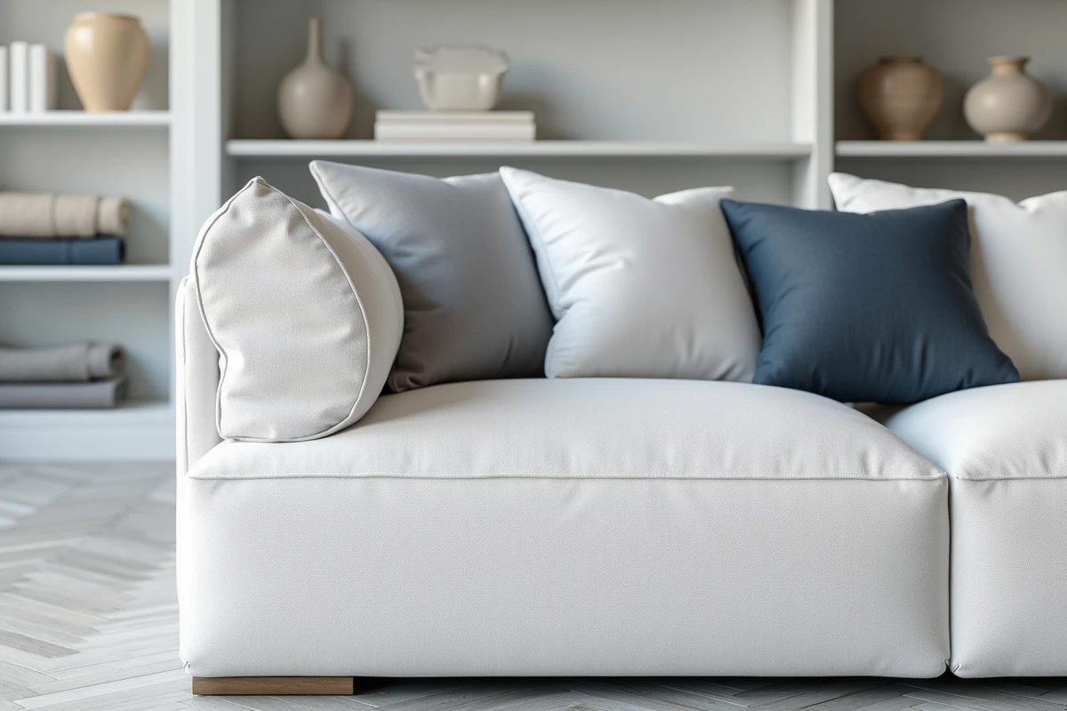 Canapé blanc en lin avec coussins gris dans un salon au parquet gris clair et étagères blanches