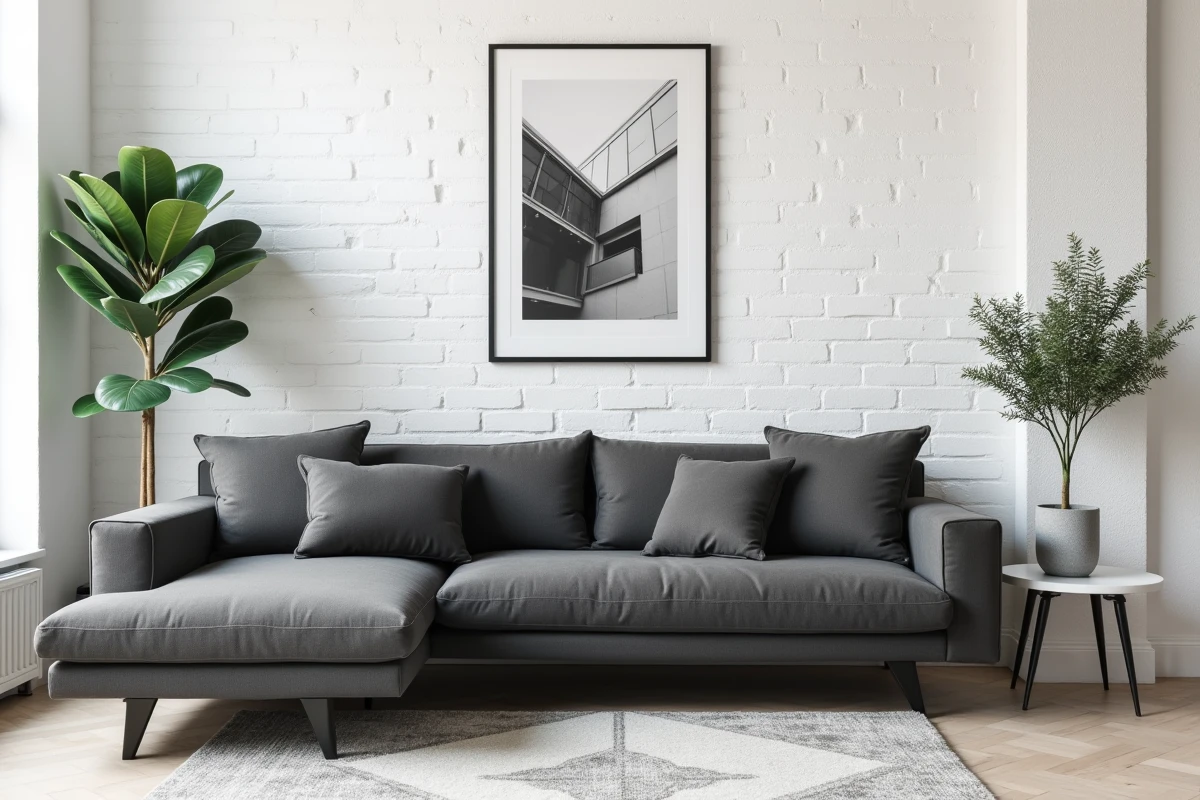 Canapé modulable gris anthracite dans un salon scandinave avec mur en brique blanche et plante verte