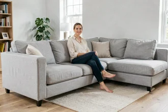 Femme assise sur un canapé gris clair de style scandinave dans un salon épuré inspiré Ikea