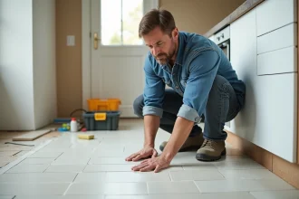 Ouvrier pose du carrelage dans une cuisine rénovée