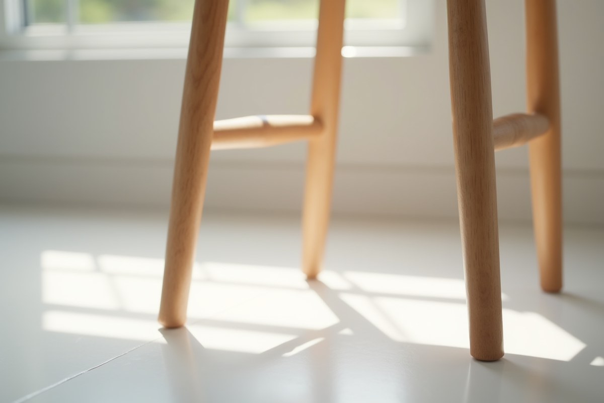 Chaise en bois sur sol blanc brillant vue en contre-plongee