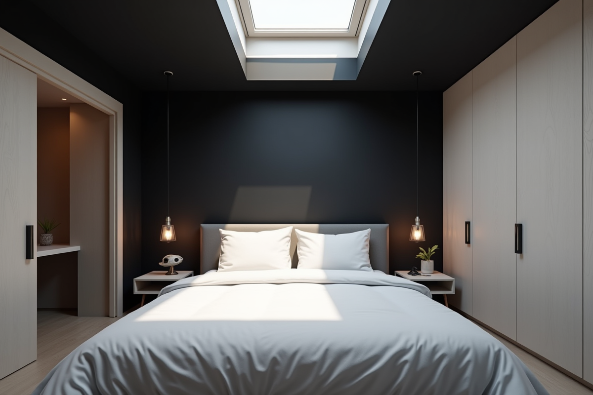 Chambre contemporaine avec plafond noir et lumiere naturelle