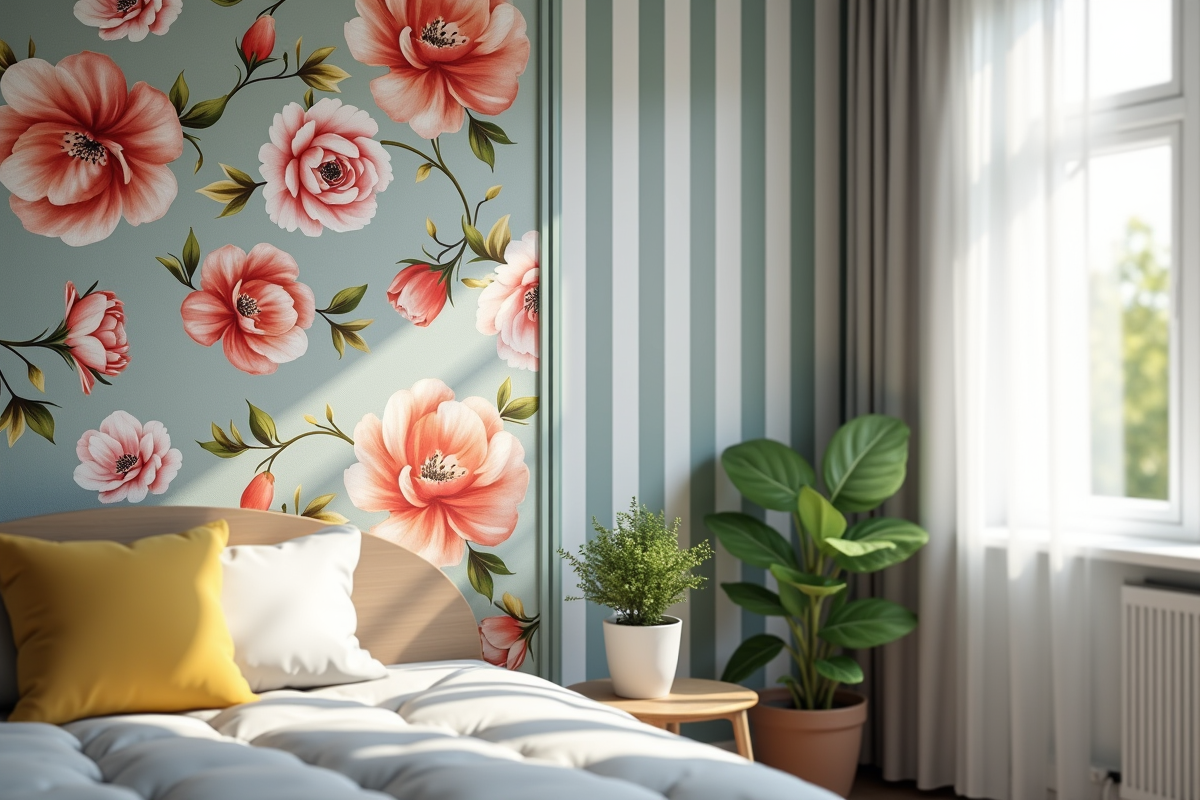 Coin de chambre avec papier peint floral et rayures