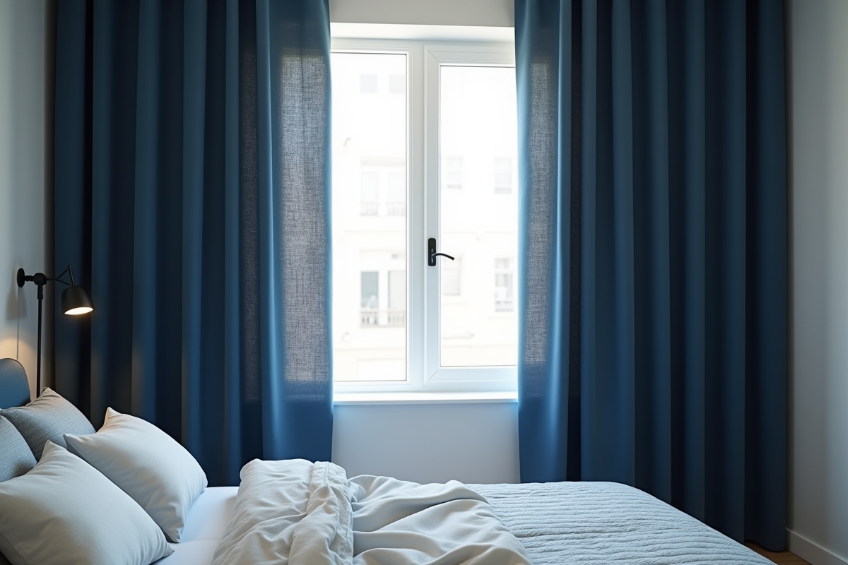 Chambre douillette avec rideaux bleus foncés fermés