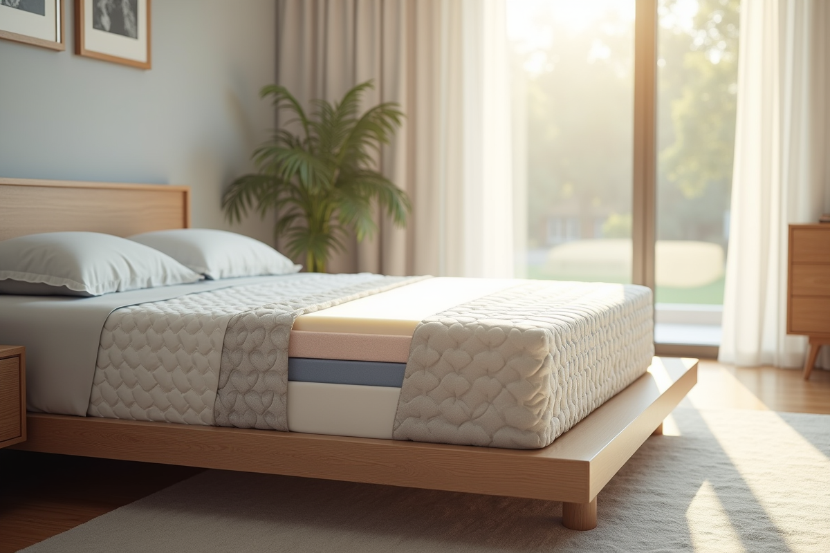 Chambre lumineuse avec lit et matelas hybride coupé
