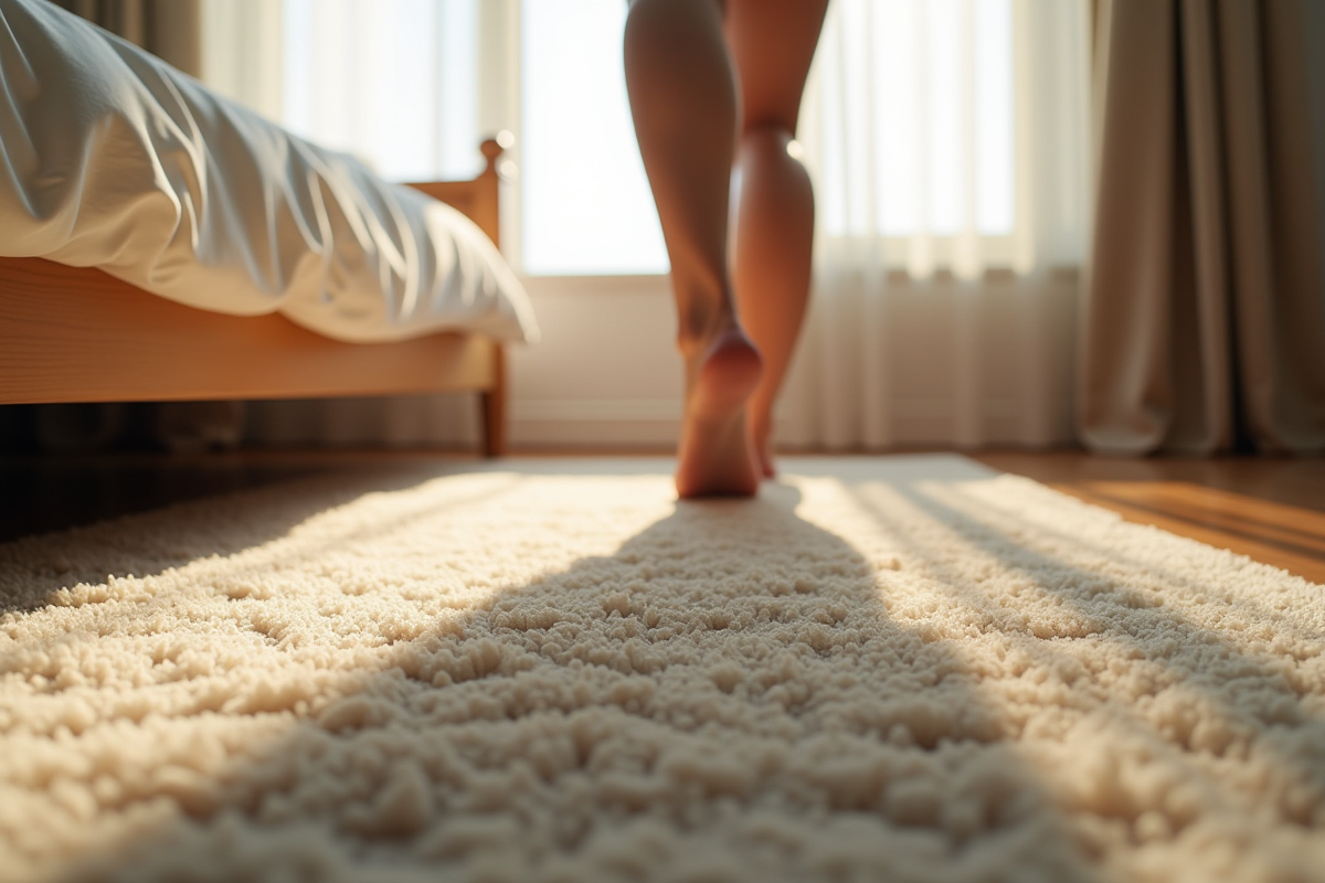 Chambre moderne avec tapis doux et lumière du matin